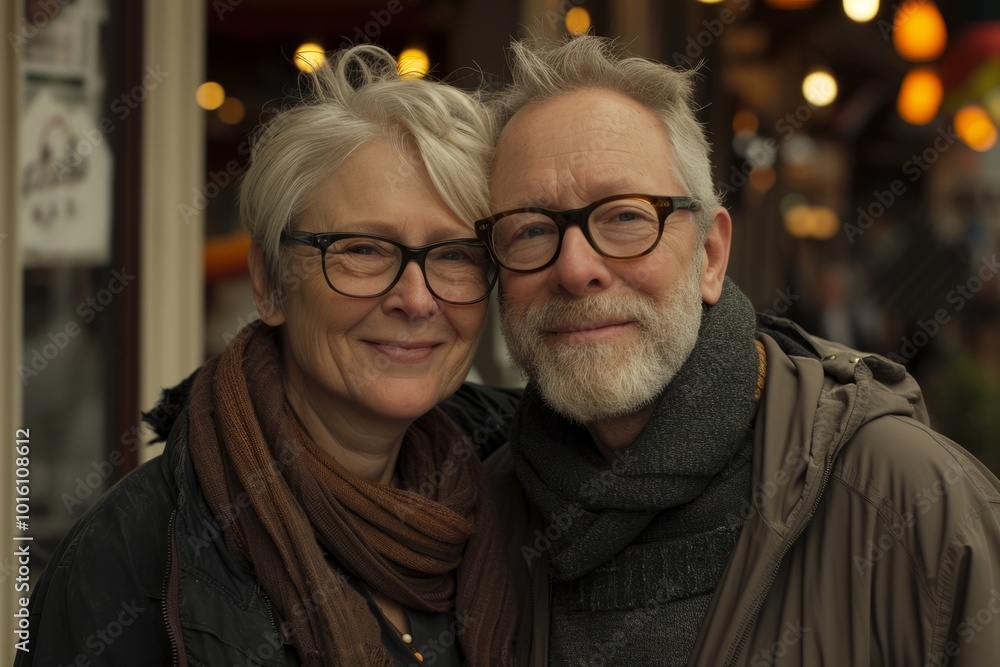 Portrait of a happy senior couple in the city at night. Portrait of a happy senior couple in the city at night.