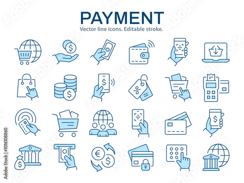 Payment icons, such as finance, payment, money, bank and more. Vector illustration isolated on white. Editable stroke.