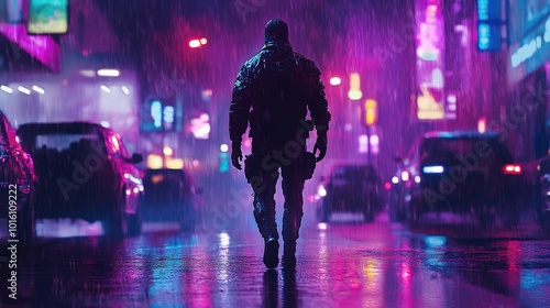 A futuristic figure walks through a vibrant, rainy city at night, illuminated by neon lights and billboards