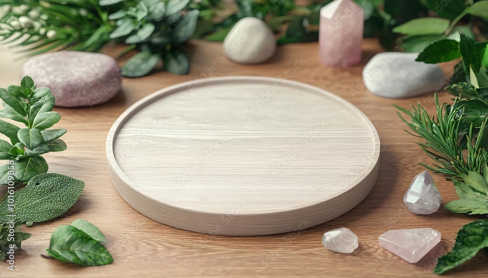 A minimalistic wooden tray surrounded by natural stones and greenery, perfect for displays or decorative arrangements. A minimalistic wooden tray surrounded by natural stones and greenery, perfect for displays or decorative arrangements.