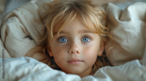 ovely little child with blue eyes and freckles stretching in bed in morning