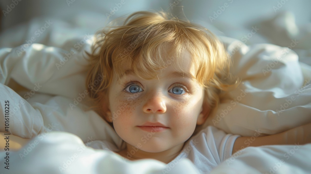 ovely little child with blue eyes and freckles stretching in bed in morning ovely little child with blue eyes and freckles stretching in bed in morning
