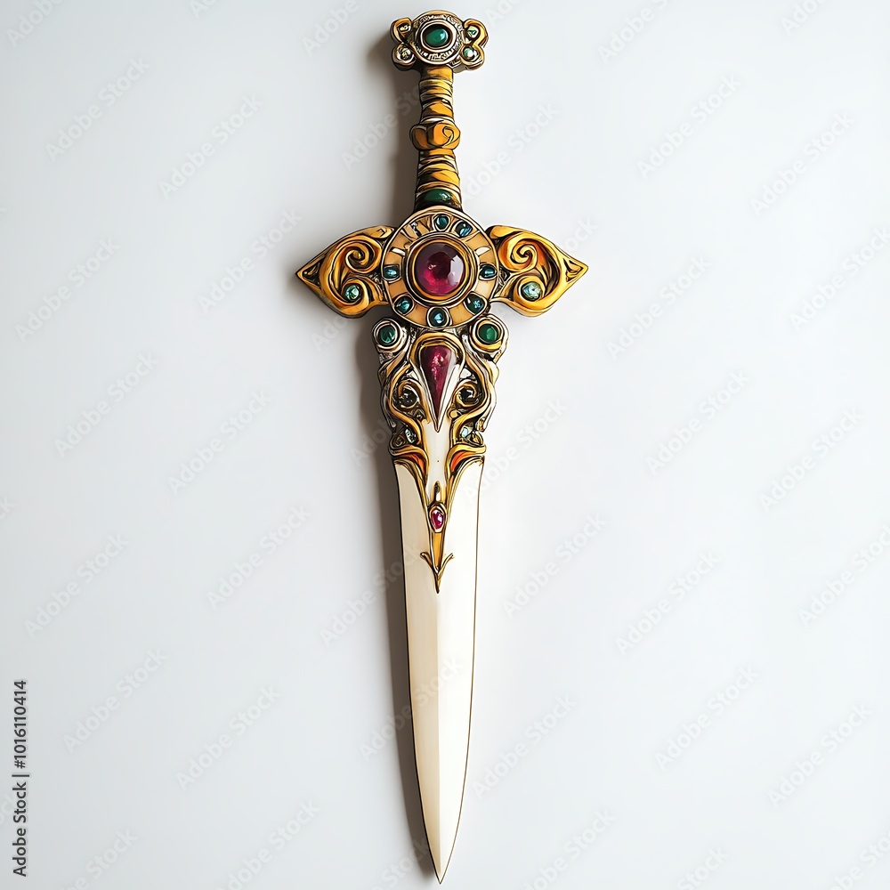 Ornate Gold Sword with Gemstone Inlays on White Background. Ornate Gold Sword with Gemstone Inlays on White Background.