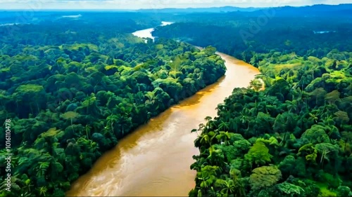 View from above, stunning aerial view of a tropical rainforest with the Sungai Tembeling River flowing through. Taman Negara National Park, located in Malaysia is the world's oldest rainforest. See Le