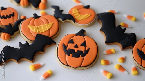 Halloween themed cookie decorations in pumpkin candy corn and bat shapes photo