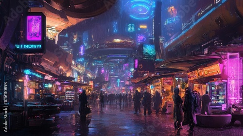 Vibrant night market in a futuristic city filled with neon lights and bustling crowds during a rainy evening