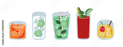 Set of cartoon cocktails. Classical summer drinks in different types of glasses. Vector illustration of tropical cocktails. Soft and alcohol drinks isolated on white background.