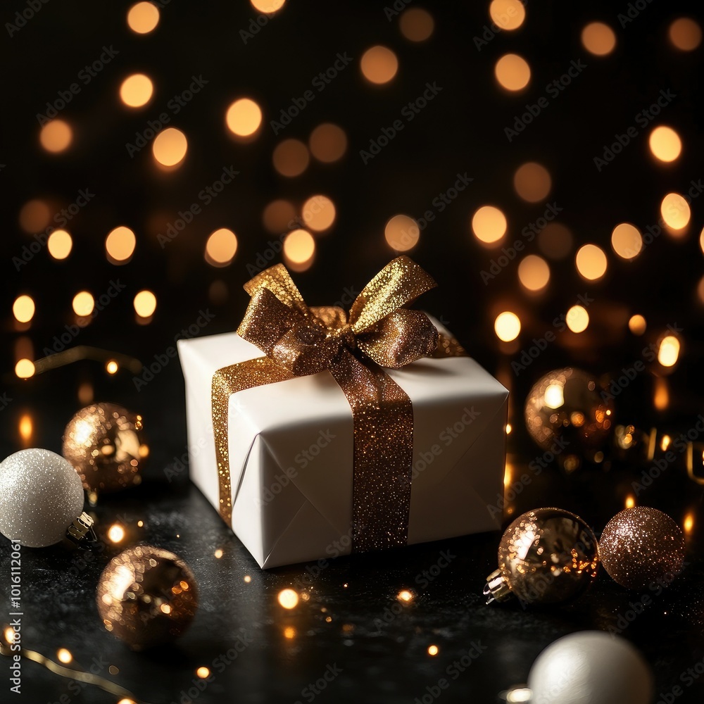 Happy xmas. White gift box with golden color ribbon, New Year balls and sparkling lights in Christmas composition on dark yellow background Happy xmas. White gift box with golden color ribbon, New Year balls and sparkling lights in Christmas composition on dark yellow background