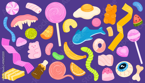 Gummy candies, jelly sweets set. Chewy fruit gums, marmalades of bear, worm, teeth, egg and beans shapes. Sugar food, gelatin snacks. Cute chewable confectionery. Isolated flat vector illustrations