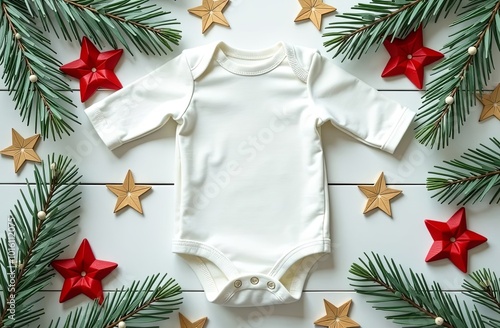 Christmas white baby girl or boy bodysuit mockup flat lay with wooden stars  and xmas tree branches on a white background. Design onesie template, print presentation mock up. Top view.