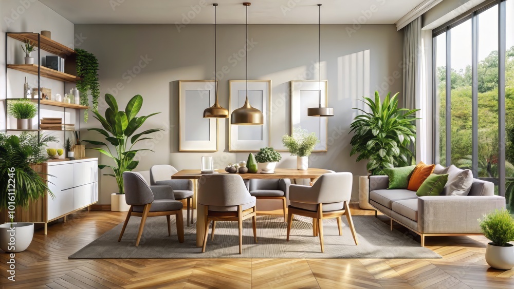 Fototapeta premium Transform your space with this elegant modern living and dining room poster mockup featuring a sleek white frame and ample copy space for your unique