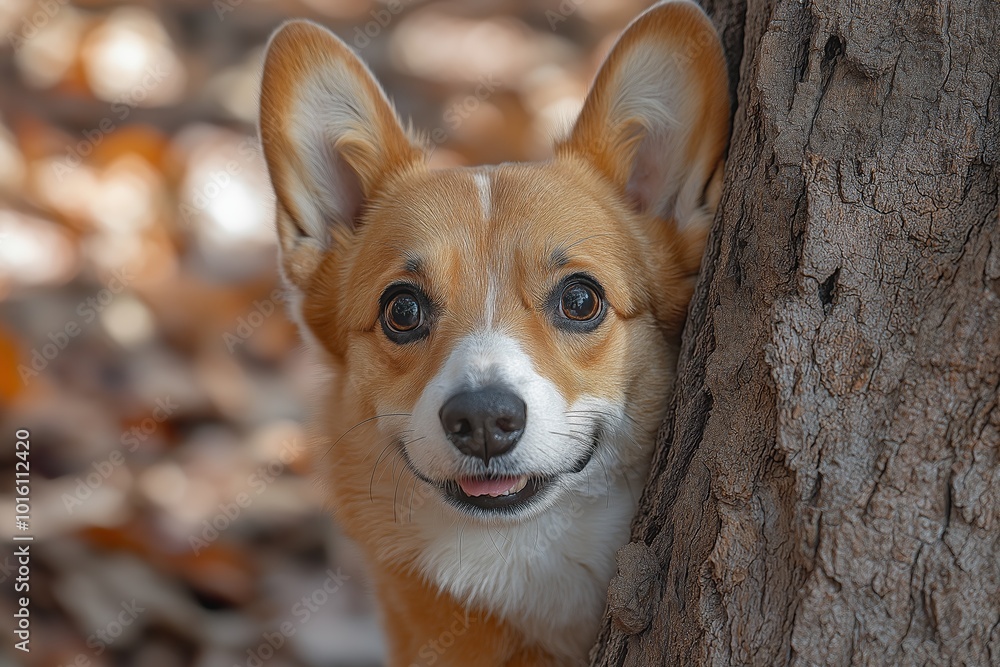 Dog is standing behind a tree trunk. The dog is brown and white. The dog is smiling and has its tongue out. Corgi dog peeking from behind a tree with a happy expression Dog is standing behind a tree trunk. The dog is brown and white. The dog is smiling and has its tongue out. Corgi dog peeking from behind a tree with a happy expression