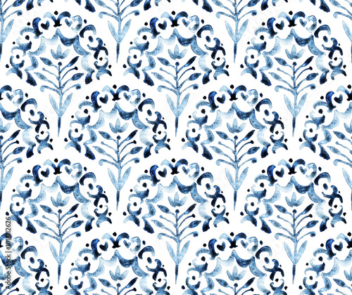 Seamless watercolor tile pattern. Blue and white wavy ornament. Grunge paper texture. Handmade.