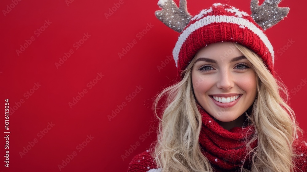 beautiful smiling caucasian blonde model in christmas reindeer hat on red background, copy aspace beautiful smiling caucasian blonde model in christmas reindeer hat on red background, copy aspace