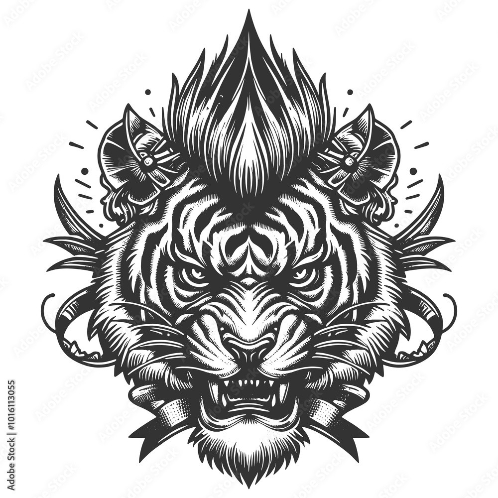 fierce punk tiger with a spiked mohawk, drawn in an engraving style sketch engraving generative ai raster illustration. Scratch board imitation. Black and white image. fierce punk tiger with a spiked mohawk, drawn in an engraving style sketch engraving generative ai raster illustration. Scratch board imitation. Black and white image.