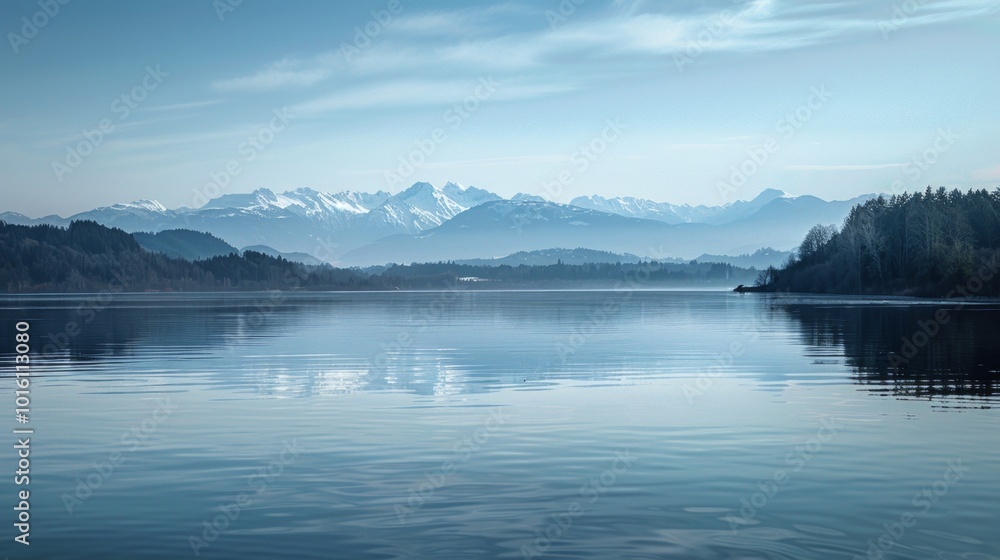 Tranquil lake with mountains, some snow-covered, reflected on its surface. Forest and trees add to serene backdrop, creating peaceful ambiance. Tranquil lake with mountains, some snow-covered, reflected on its surface. Forest and trees add to serene backdrop, creating peaceful ambiance.