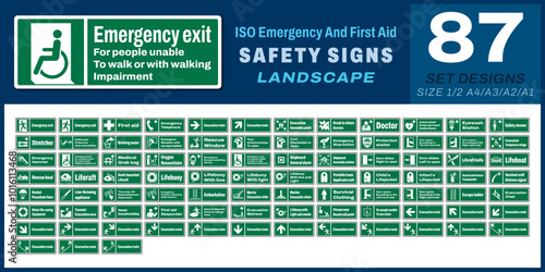 87 set iso emergency and first aid safety signs v26_emergency exit for people unable to walk or with walking impairment (left)_landscape size 1/2 a4,a3,a2,a1	
