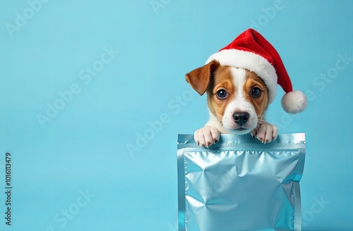Cute jack russel terrier puppy wearing santa's hat with animal food package on blue background. Christmas mockup commercial ad pack design nutrition for feeding pet snack tasty formula.