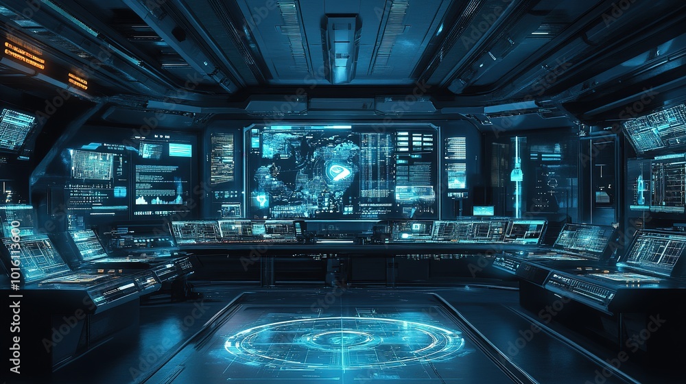 Futuristic control room with advanced technology and holographic displays in a sleek, modern design Futuristic control room with advanced technology and holographic displays in a sleek, modern design