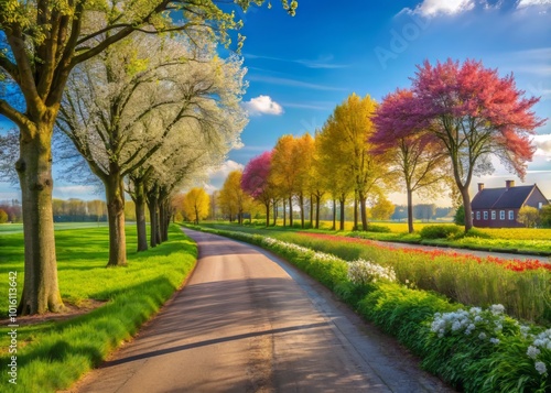 Vintage Spring Landscape of Oirschotsedijk and Strijp R in Eindhoven with Lush Greenery and Blossoming Flowers photo