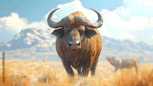 African Buffalo in Grassland with Mountain Background - 3D Illustration