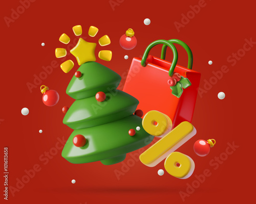 3d Christmas tree with shopping bag and percentage sign. New Year holiday sale web banner design. Three dimensional plastic style vector illustration.