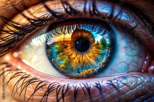 Vivid human eye close-up, showcasing vibrant reflections. A powerful symbol of vision and perception, enhancing the allure of architectural