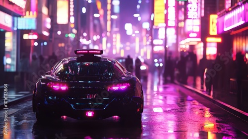 A futuristic robot stands on a vibrant neon-lit street in a bustling urban environment at night