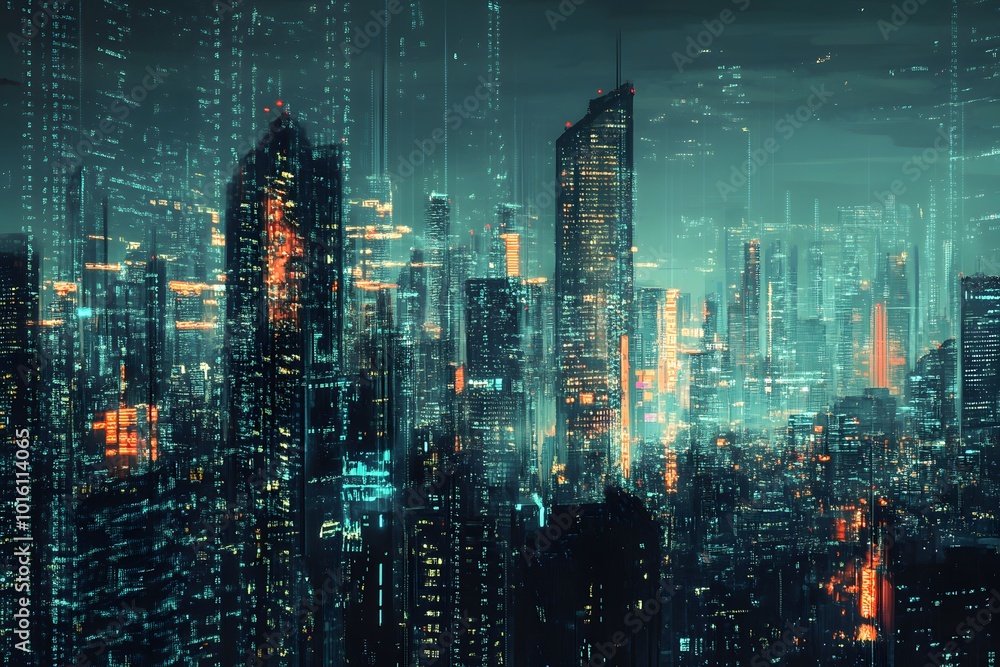Futuristic cityscape with glowing skyscrapers and digital elements. Futuristic cityscape with glowing skyscrapers and digital elements.