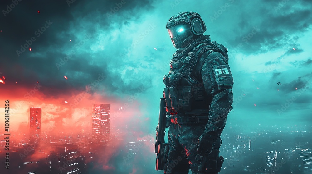 Fototapeta premium Futuristic soldier stands against a vibrant cosmic backdrop with streaks of light during a space battle
