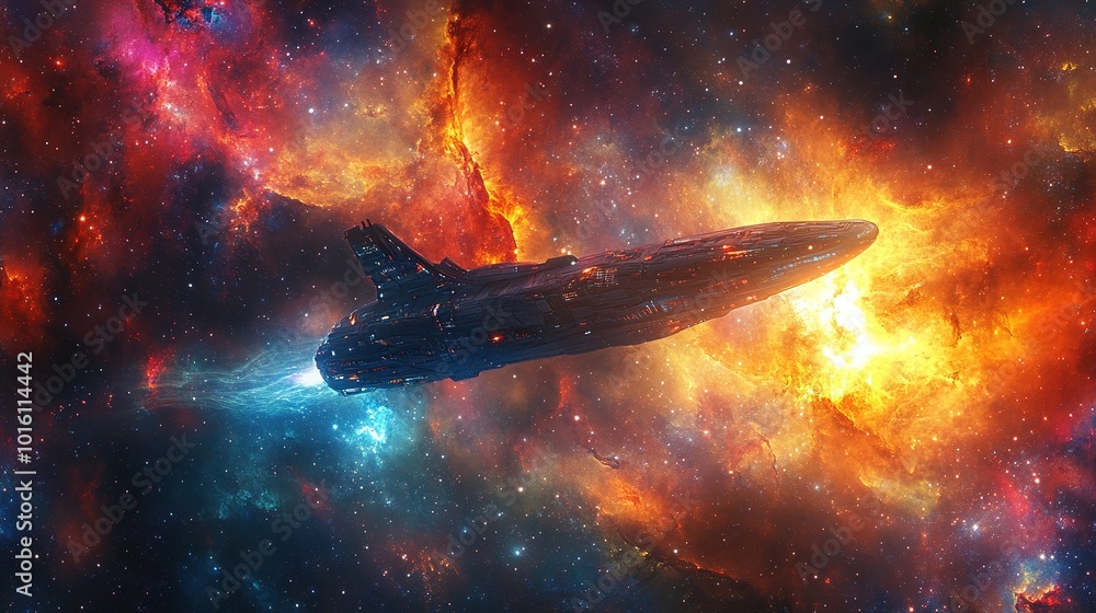 A futuristic spacecraft zooming through a vibrant cosmic nebula filled with colors and stars in deep space A futuristic spacecraft zooming through a vibrant cosmic nebula filled with colors and stars in deep space