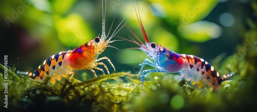 Two colorful shrimp facing each other on green moss. photo