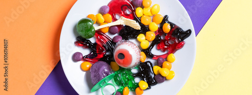 Assortment of Halloween candies on colorful background. Panorama view photo