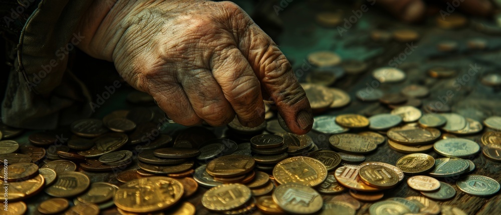 An elderly hand grasping a gold coin, with a wristwatch on the left wrist, surrounded by coins on a dark surface. Evokes feelings of time passing and aging, with a nostalgic and melancholic tone. An elderly hand grasping a gold coin, with a wristwatch on the left wrist, surrounded by coins on a dark surface. Evokes feelings of time passing and aging, with a nostalgic and melancholic tone.