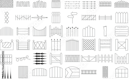 Bamboo, wooden and metal wire fence icon set. Thin line art editable stroke.