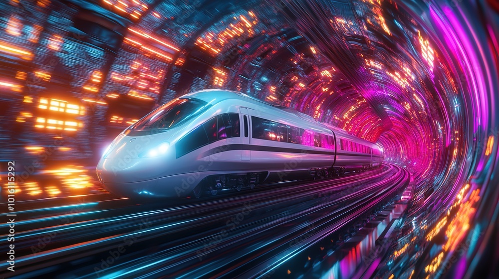 Futuristic train traverses an elevated track in a neon-lit cityscape during a vibrant night in a science fiction setting