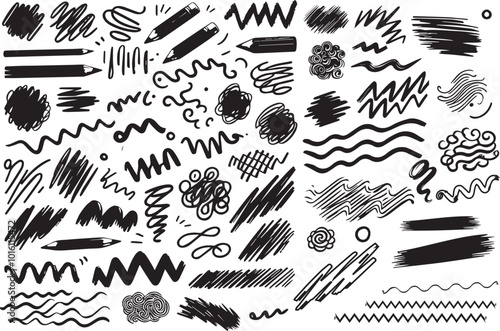 Vector hand drawn charcoal pencil squiggles, rough brush strokes, scribbles, bold zigzag line and swirls. Crayon doodle wavy strip, chalk smears, curly underlines. Black coal scratch or squiggly lines