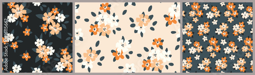 Seamless floral pattern with small yellow flowers. Cute ditsy print, abstract botanical ornament: hand drawn plants, tiny flowers, leaves simple bouquets. Country motif fashion. Vector illustration.