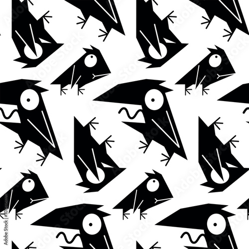 Seamless pattern with funny wild bird. Abstract pattern, stylish print with black cartoon crow, comic raven. Screaming and shocked bird. Black and white graphic design, vector illustration.