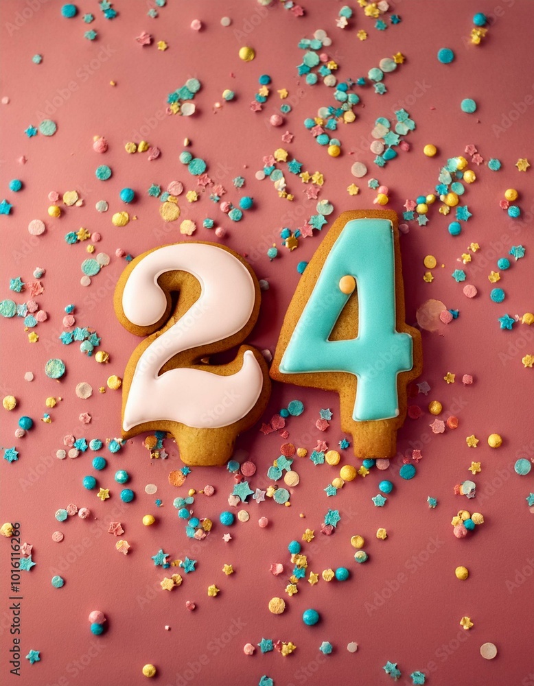Decorated cookie, number 24, image for birthday or anniversary celebration Decorated cookie, number 24, image for birthday or anniversary celebration