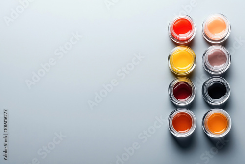 Eight small glass jars containing various colored liquids arranged in two vertical columns on a light gray surface, creating a minimalist and symmetrical composition.