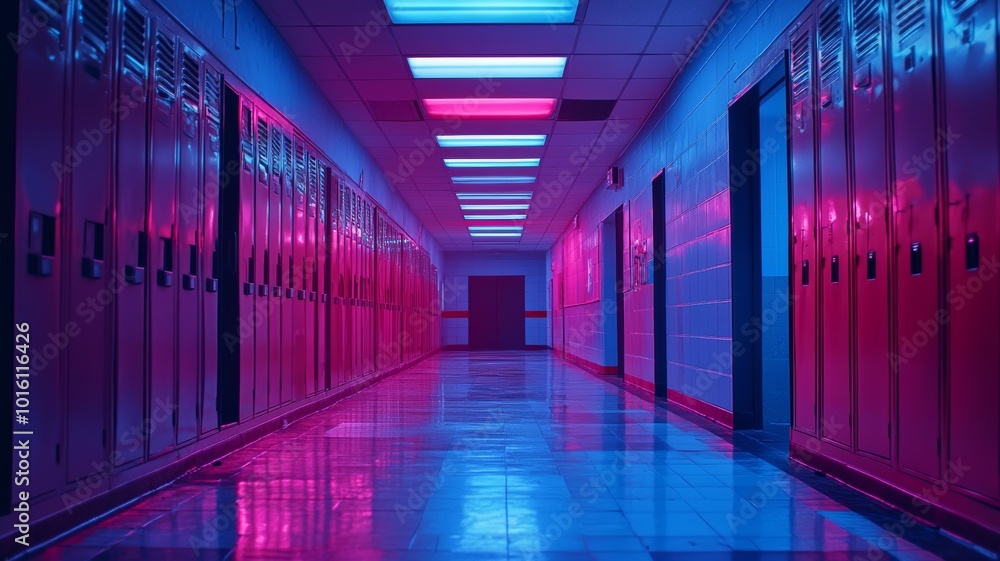 Neon Lit School Hallway with Lockers Neon Lit School Hallway with Lockers