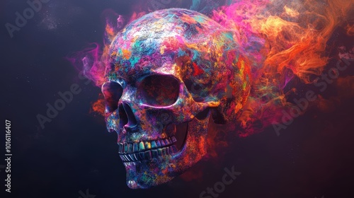 Colorful Skull 3D Render with Abstract Patterns and Smoke