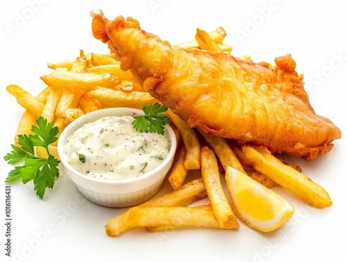 Crispy Fish and Chips with Creamy Tartar Sauce Isolated On White Background