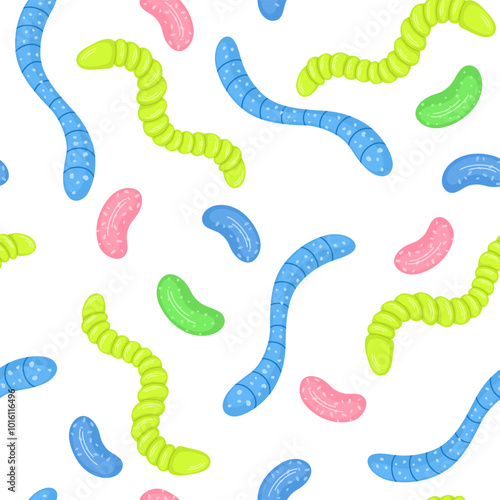 Seamless pattern, gummy worms, jelly candies. Sweet chewy confectionery, gum treats, snacks, repeating print. Endless background design for wrapping, fabric, textile. Colored flat vector illustration