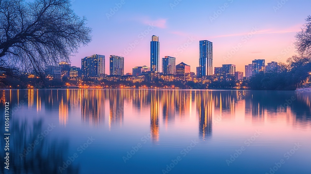 Obraz premium Vibrant city skyline at dusk reflected on calm waters with colorful clouds in the sky