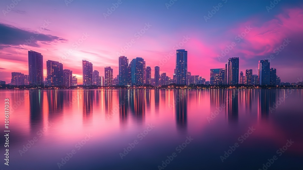 Fototapeta premium Vibrant city skyline at dusk reflected on calm waters with colorful clouds in the sky