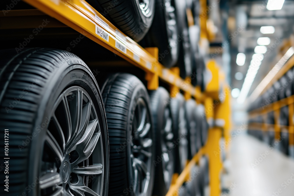 Rows of stacked car tires on yellow industrial shelving in a warehouse with a blurred background, showcasing the organized storage and variety of tires available. Rows of stacked car tires on yellow industrial shelving in a warehouse with a blurred background, showcasing the organized storage and variety of tires available.