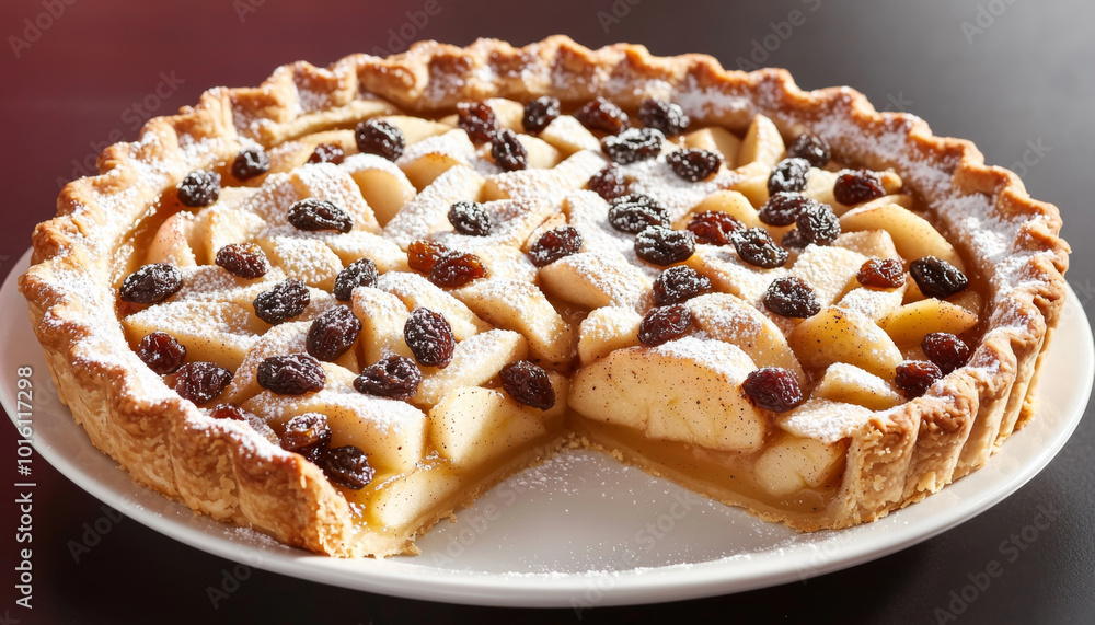 A delicious apple pie with a golden crust, filled with sliced apples and topped with raisins, served on a white plate. A delicious apple pie with a golden crust, filled with sliced apples and topped with raisins, served on a white plate.