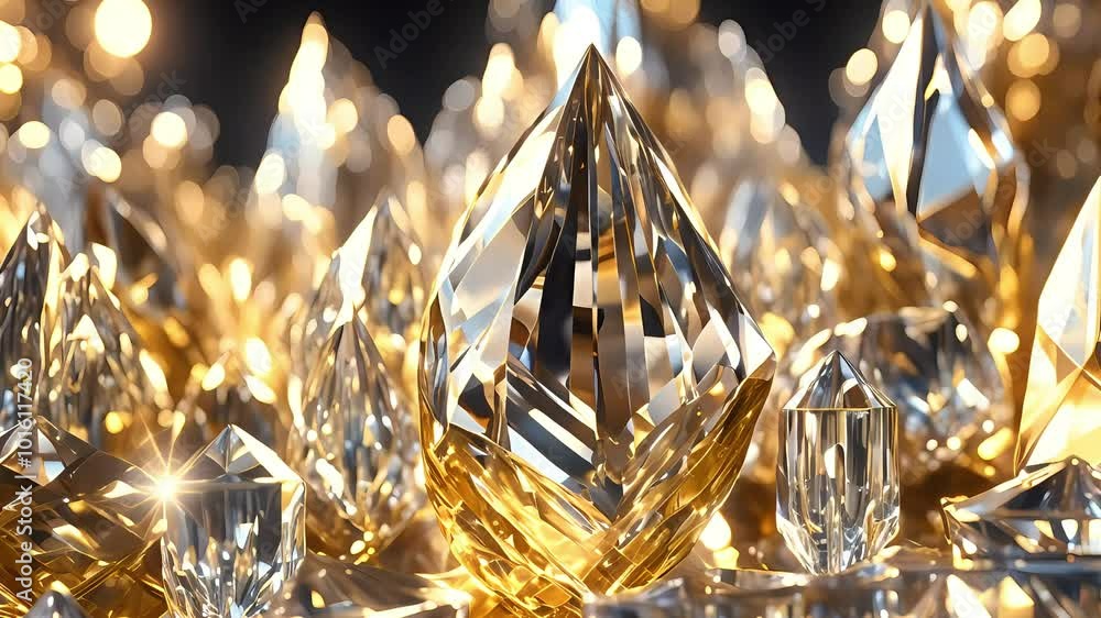 Dazzling crystal refracting light in a backdrop of luxurious metallic patterns